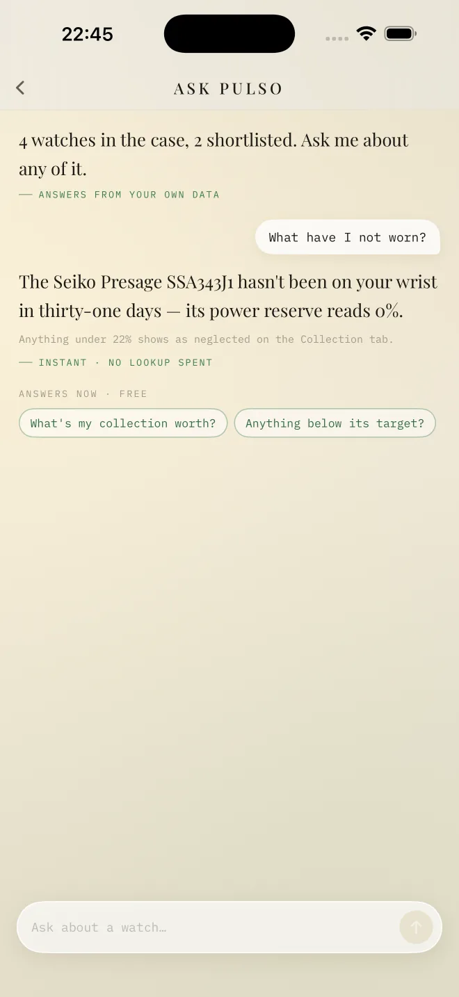 Ask Pulso answering What have I not worn from the user's own collection