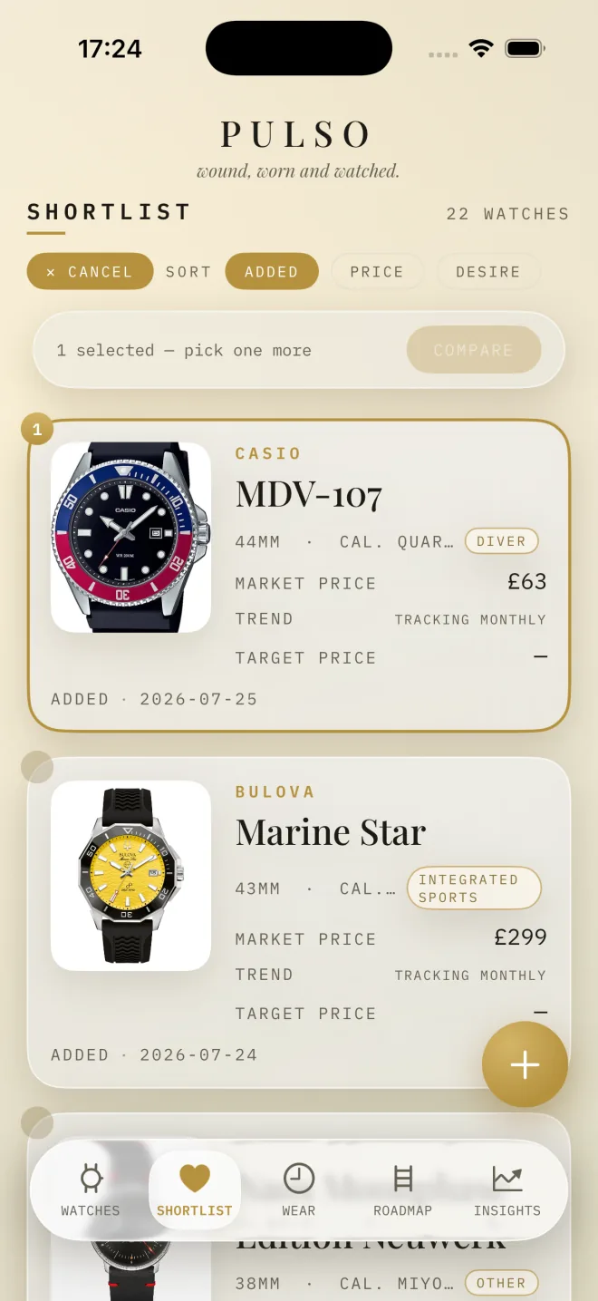 Pulso compare mode selecting shortlist watches to compare side by side