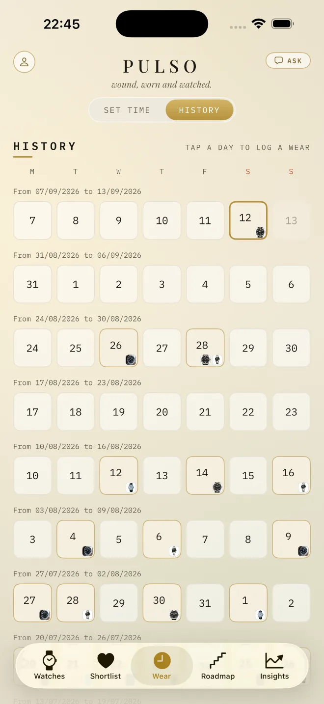 Pulso wear history calendar with worn days marked week by week