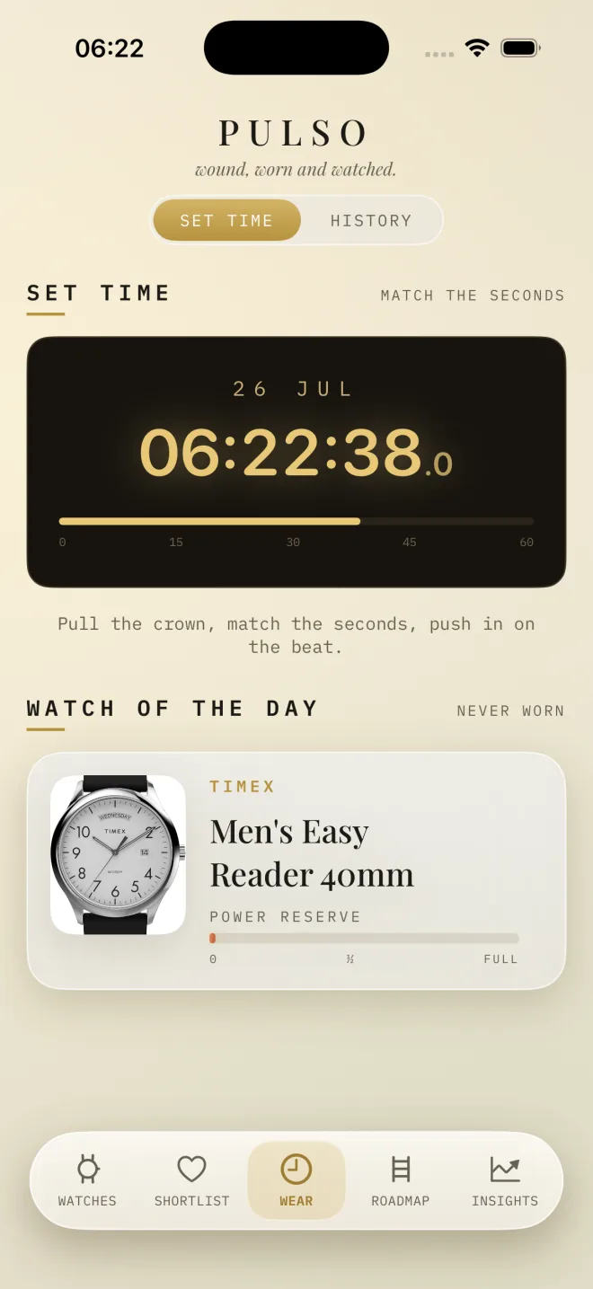 Pulso Set Time: a live seconds clock to set a watch exactly