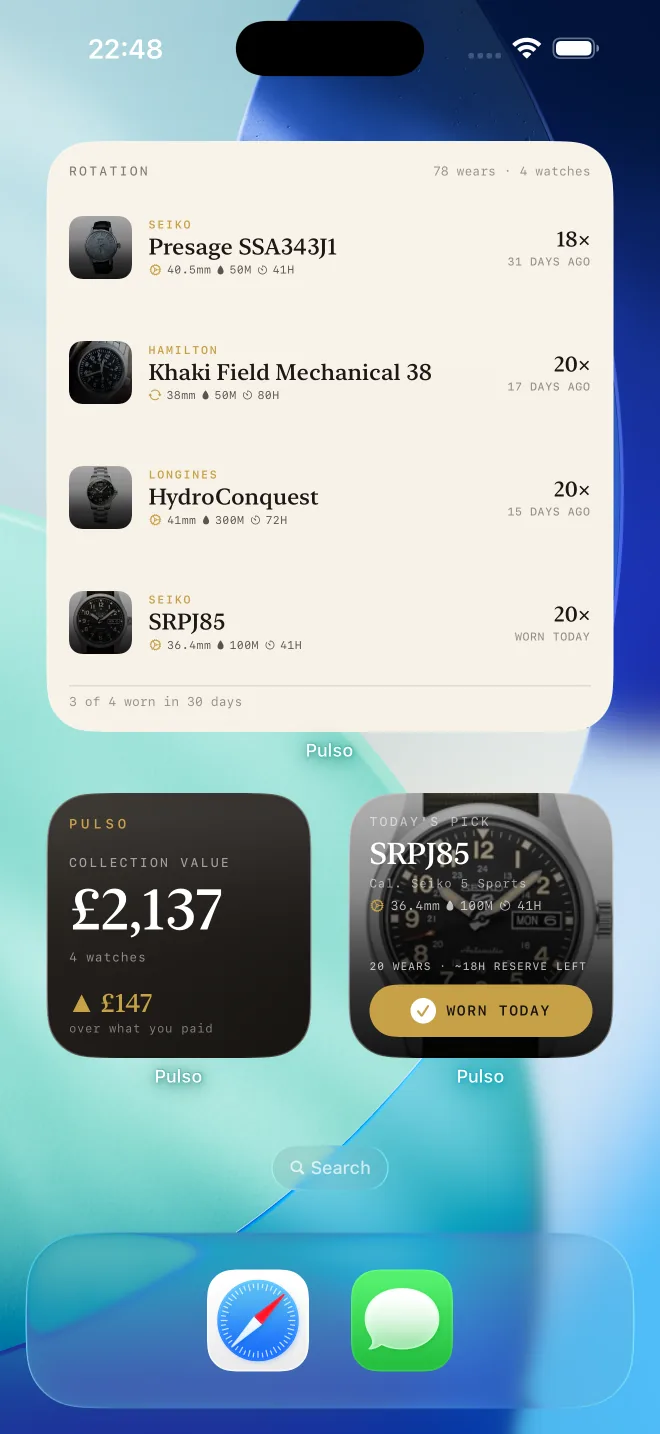 iPhone home screen with three Pulso widgets: rotation, collection value and today's watch with a Worn today button