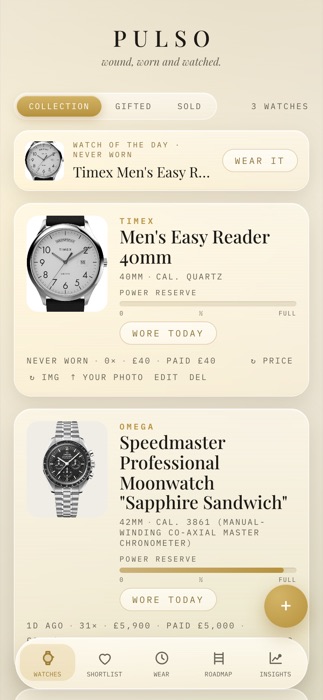 The real Pulso Watches screen showing the collection, power reserve and Watch of the Day