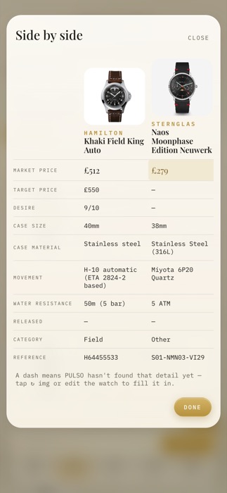 The real Pulso Compare screen: two watches side by side with market price, desire, case size, movement and more