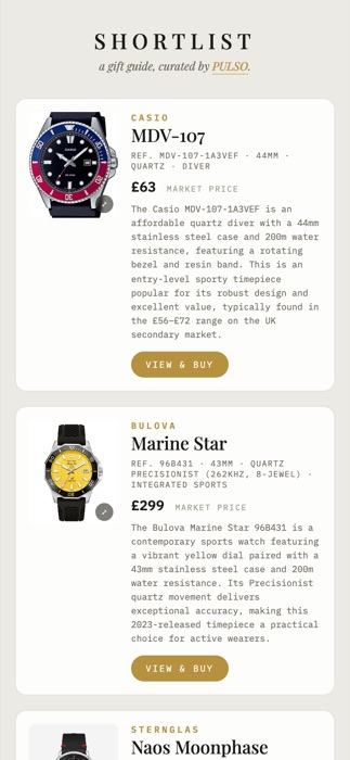 The real public Pulso gift-guide page a recipient sees, with photos, prices and a View and buy button per watch